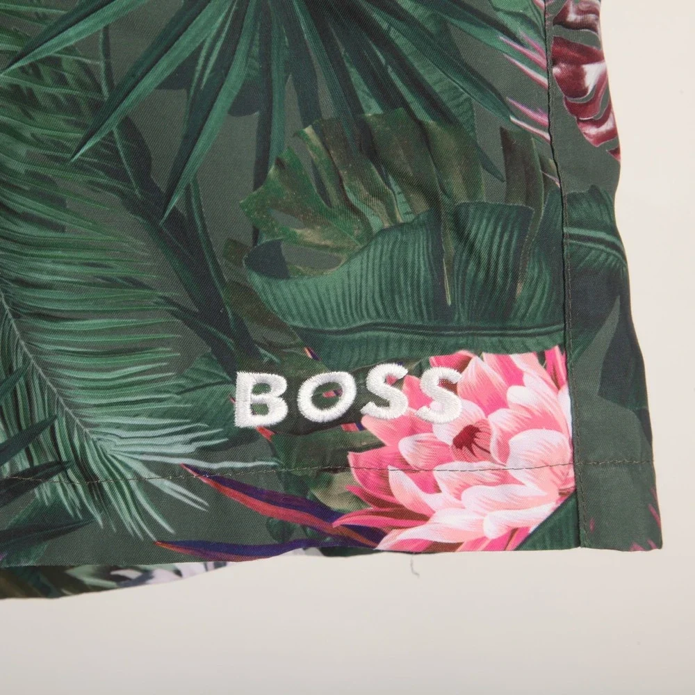 BOSS Men's Tropical Floral Swim Trunks Shorts Green Pink White Size L Mesh Lined